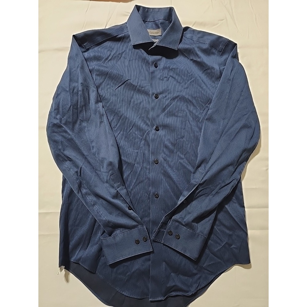 Calvin‎ Klein Mens 15 Blue Stripe Button Down Long Sleeve Shirt Preppy